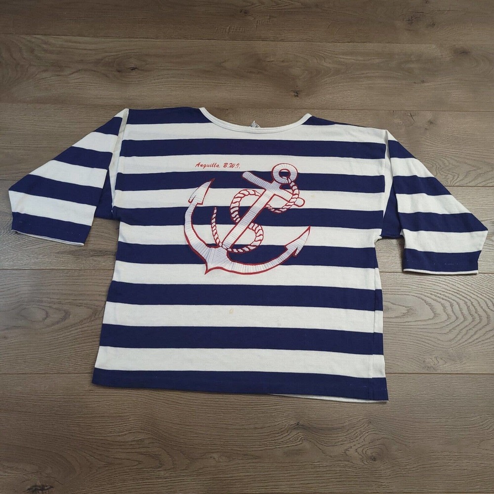 Vintage Anquilla Shirt Womens Extra Large Blue Striped Puff Graphic Tee Souvenir